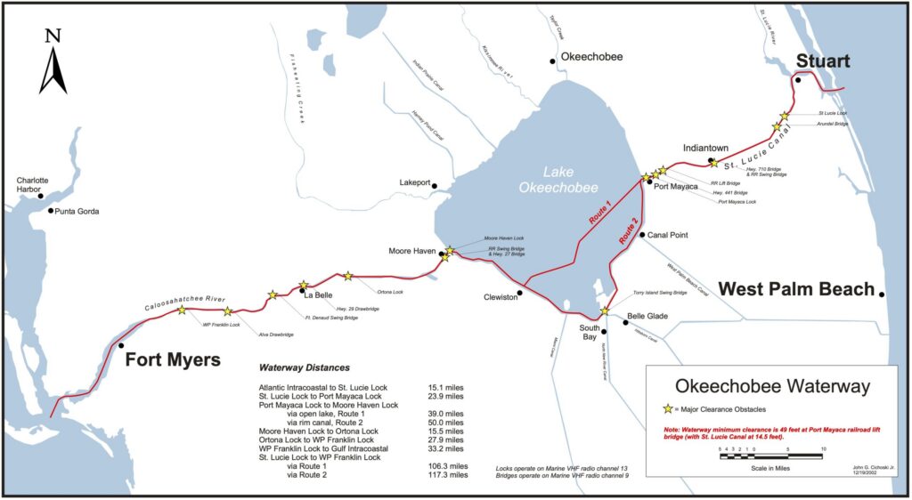 "Kissimmee River to Lake Okeechobee Waterway Map – Cross Florida Boating Route from Orlando Area to Atlantic and Gulf Coasts"